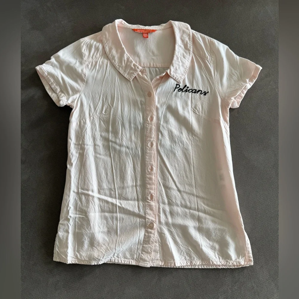 *SOLD* ModCloth Pale Pink Pelicans Bowling Shirt Button Down XXS - Picture 2 of 3
